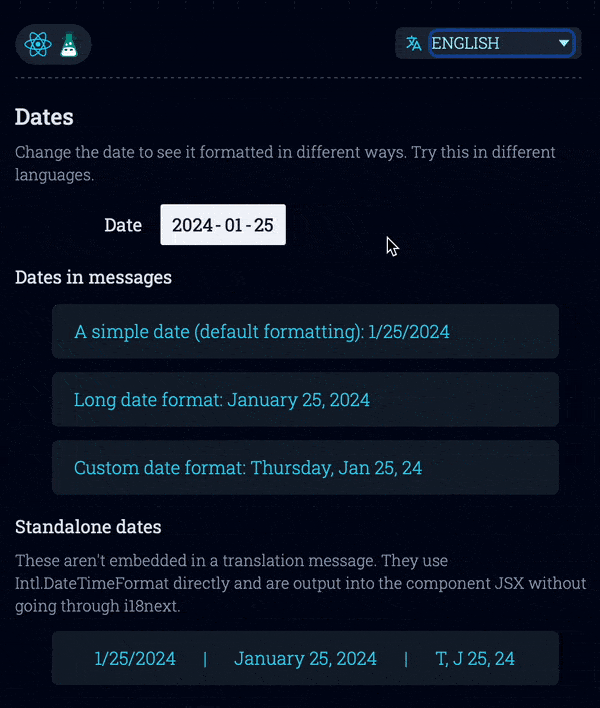 An animation of dates being selected from a date picker as localized date formats update in lockstep.