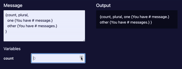 The English plural message rendered for different count values.