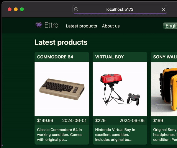 An animation showing various links in the app being clicked. The browser address bar always shows the en-US/ locale route prefix whenever a link is clicked.