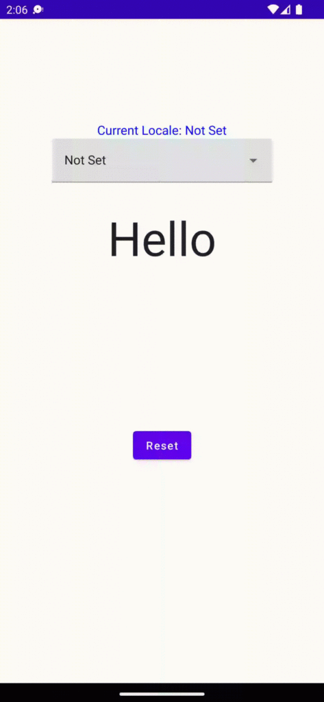 Demo screen showing in-app language picker while displaying default English greeting | Phrase