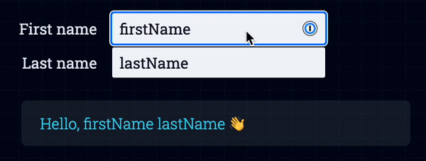 As we type, the values of the input fields are interpolated into a translation message at runtime.