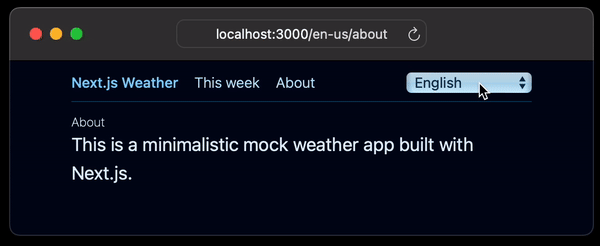 An animation showing our website on the “http://localhost:3000/en-us/about” page, showing the About page in English with a new language switcher dropdown in the header. The mouse cursor clicks on the dropdown and changes the selection from “English” to “Arabic”, causing the browser URL to change from “localhost:3000/en-us/about” to “localhost:3000/ar-eg/about” and showing the About page in Arabic. The mouse cursor then selects “English” from the dropdown, ad infinitum.