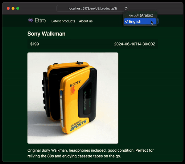 An animation showing the locale switcher dropdown in action. The dropdown is clicked, revealing options for English and Arabic. When Arabic is selected, the current page is shown with Arabic translations. When English is selected, the page is shown with English translations.