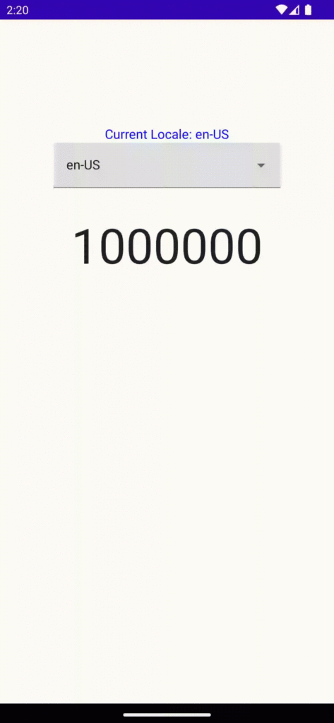 Demo app with locale switcher displaying unformatted number | Phrase