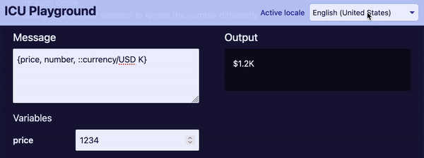 Currency and compact short skeletons used to render a number in various locales.