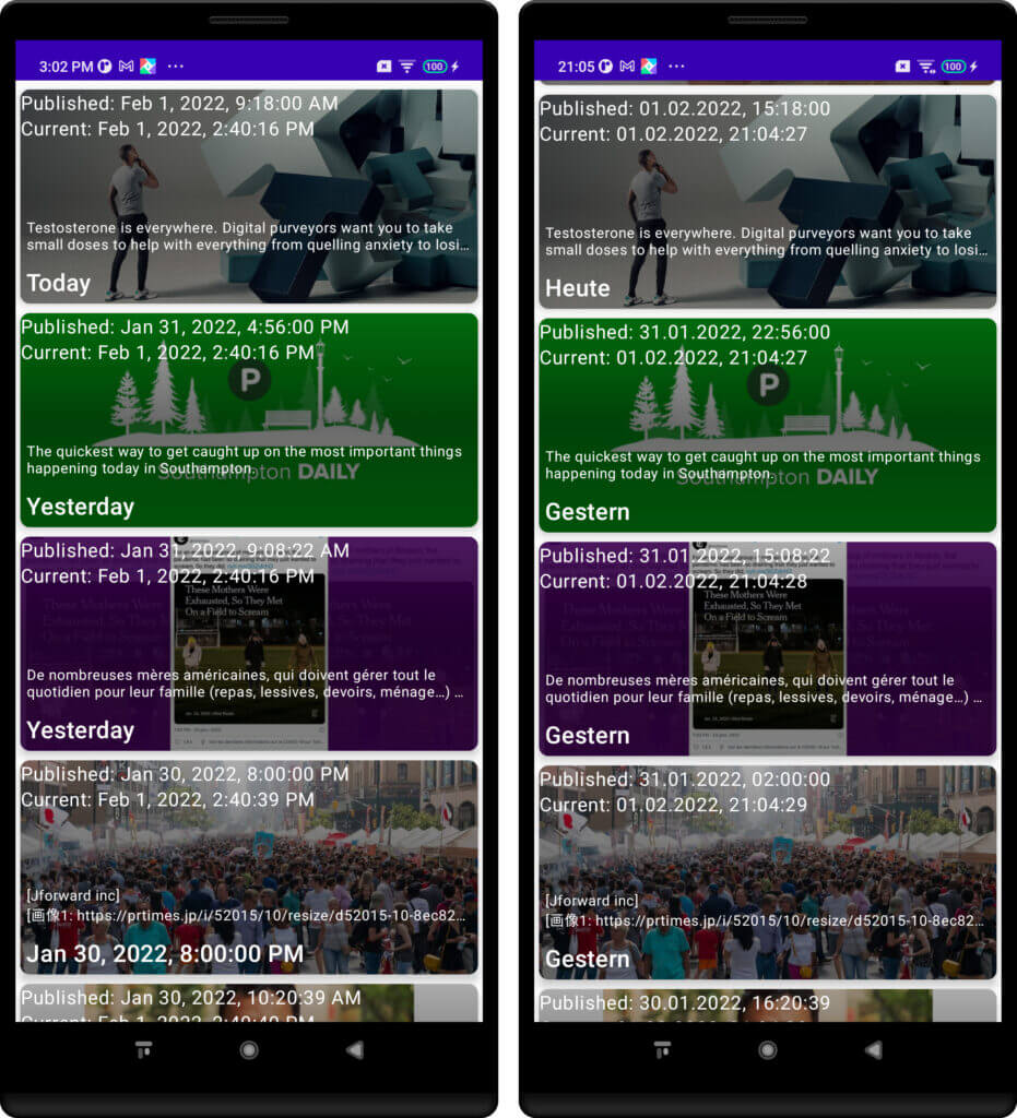 Android news app screens displaying relative dates | Phrase
