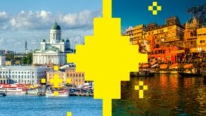 Split image showcasing a successful Finnish gaming company's reach into the Indian market. The left side features the iconic Helsinki Cathedral in Finland, symbolizing the company's origin, while the right side displays the vibrant Ghats of Varanasi in India, representing their new market. Bright yellow geometric shapes connect the two images, highlighting the fusion of cultures and the company's cross-continental success