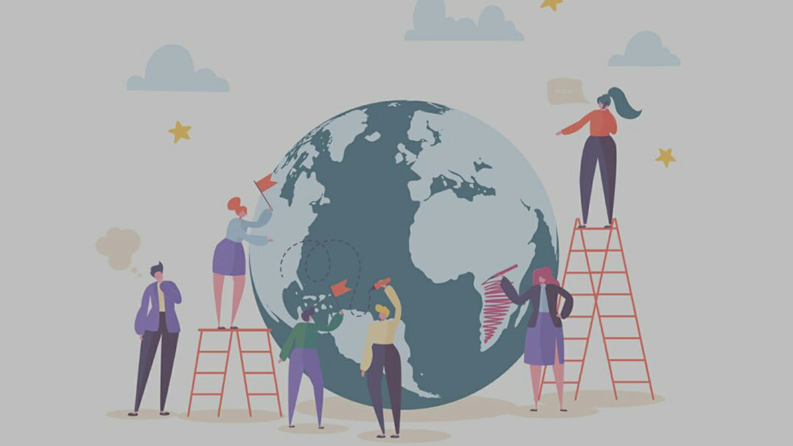 Global business concept with characters working together people communicating in work | Phrase