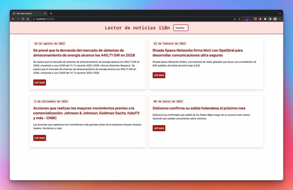 i18n News Reader Homepage in Spanish | Phrase