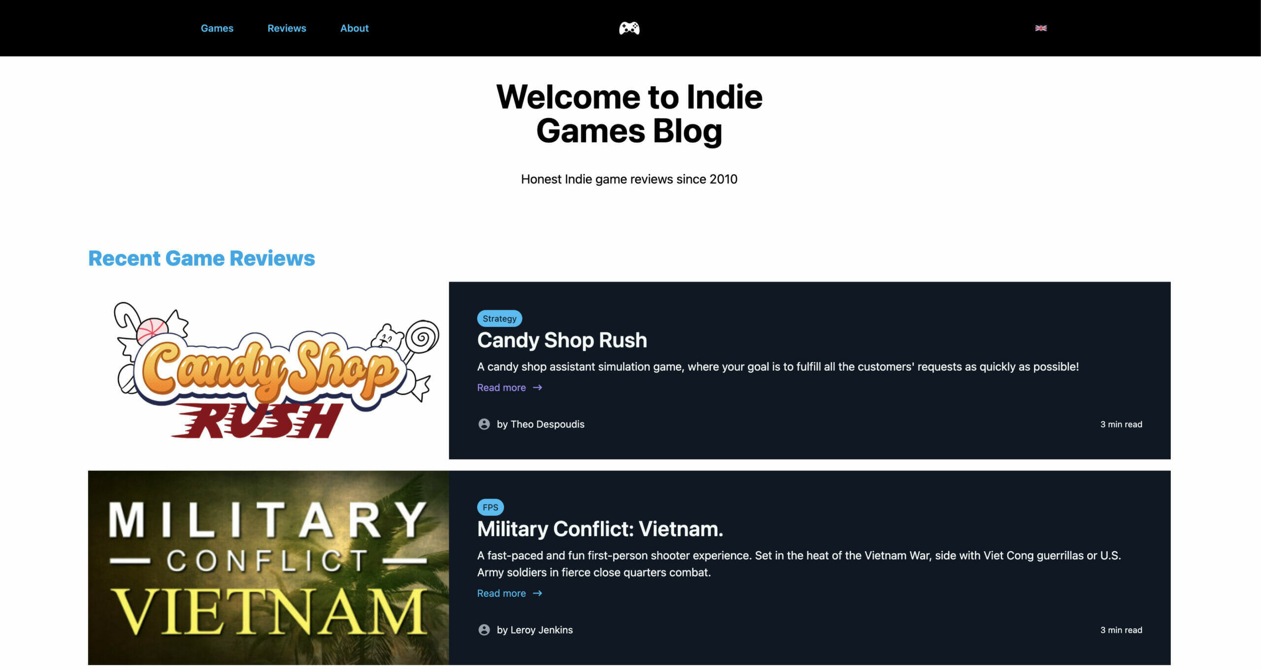 Indie game blog final design screen | Phrase