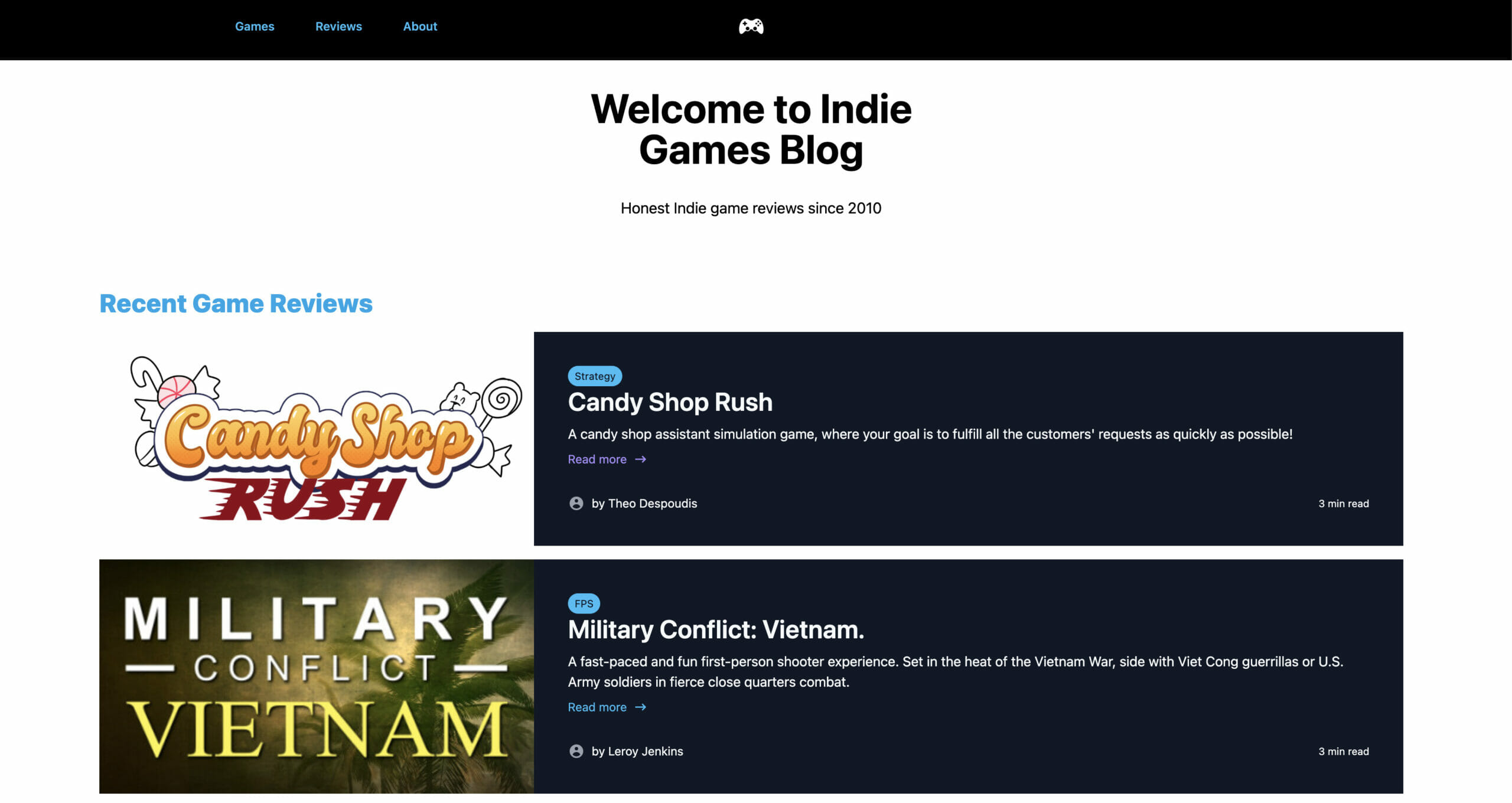 Indie game blog final design screen | Phrase