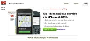 Screenshot of the original UberCab app showing a simple map interface with a "Pick me up" button, representing an example of MVP app localization for quick market entry.