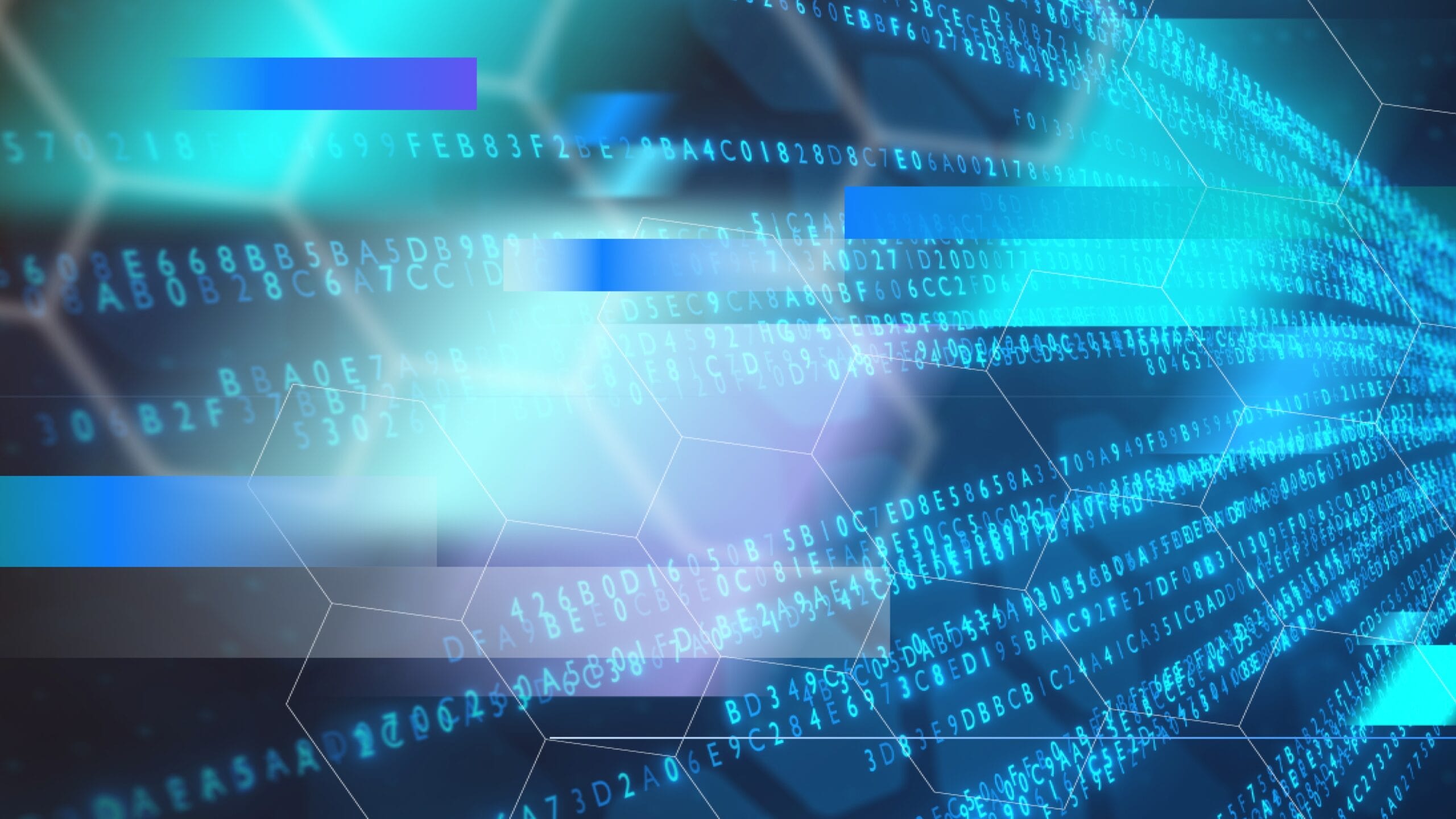Abstract representation of flowing digital data with hexagonal patterns, depicting the concept of AI and technology in translation and localization.
