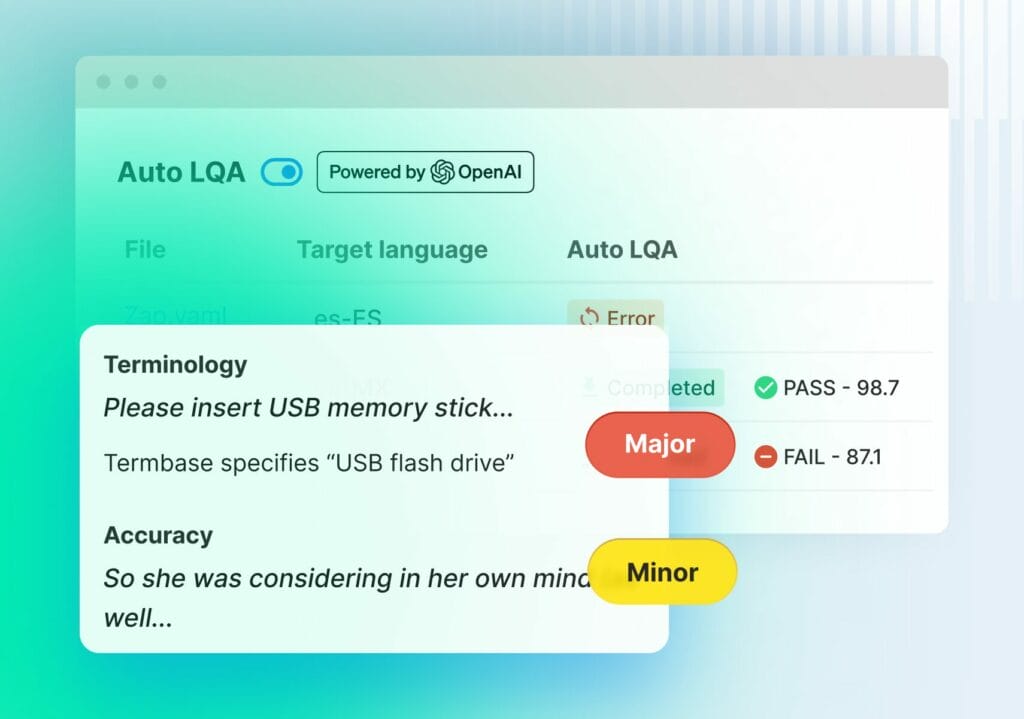Exprimiendo al máximo el potencial de la IA generativa, Auto LQA (evaluación de la calidad del idioma) evalúa al instante y de forma exhaustiva la calidad del contenido localizado.
