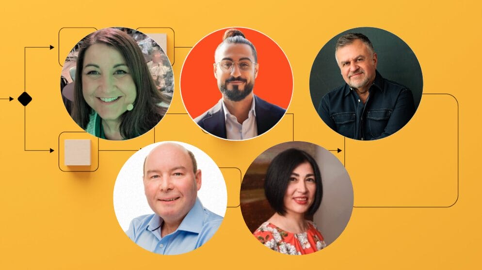 Cover image for the blog post "Harnessing Hyperautomation in Localization," featuring portraits of the five panelists: María Jesús de Arriba Díaz, Maziar Nodehi, Charlie Keating, Phil Ritchie, and Esther Curiel, against a background with interconnected lines and nodes.