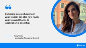 A quote from Ketty Tirrito, Localization Manager at Zendesk, stating, "Gathering data on how much you've spent but also how much you've saved thanks to localization is essential," alongside her headshot in a circular blue border.
