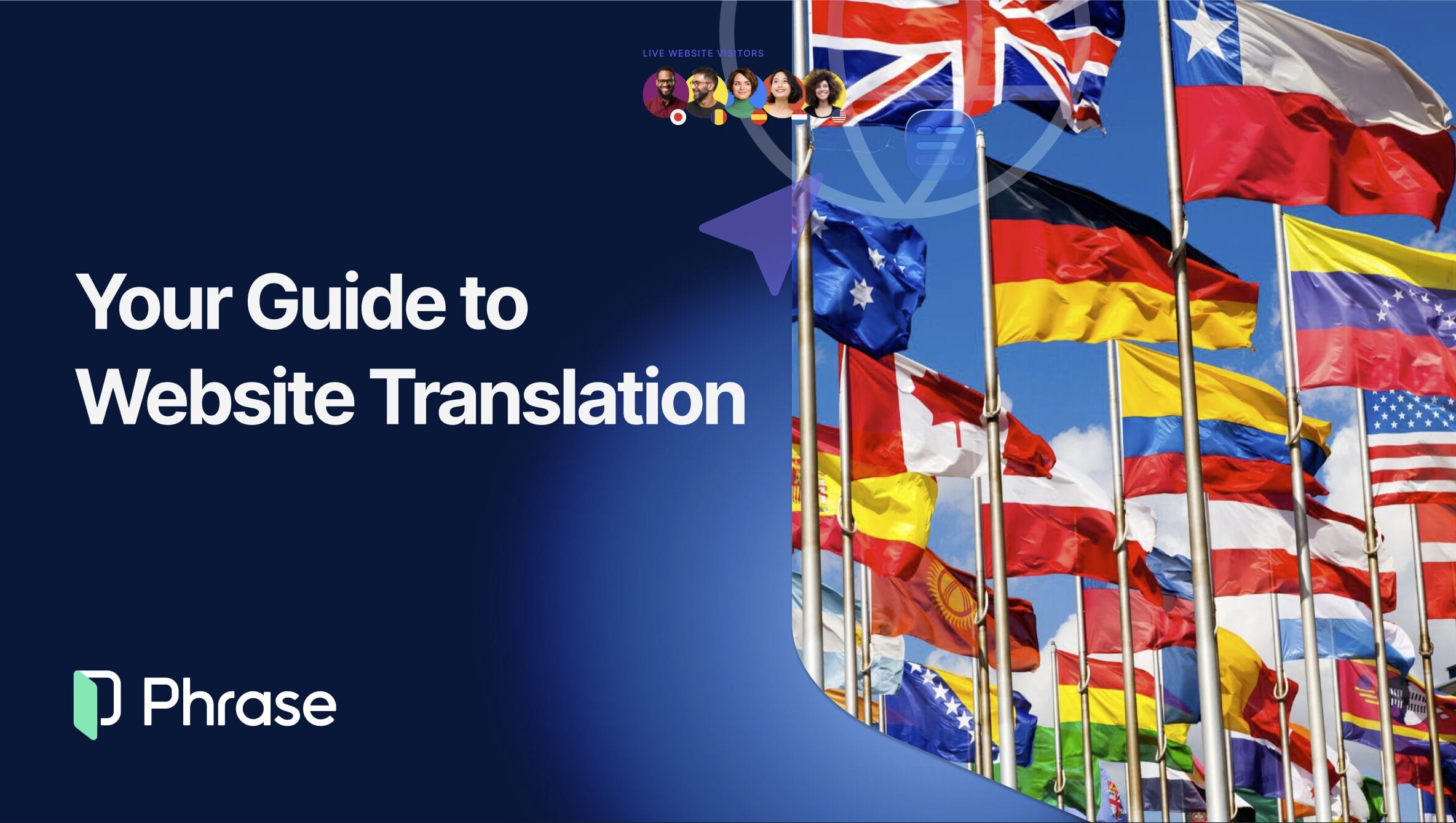 Cover of the eBook titled 'Your Guide to Website Translation' by Phrase, featuring a collage of international flags symbolizing global communication and diverse languages.