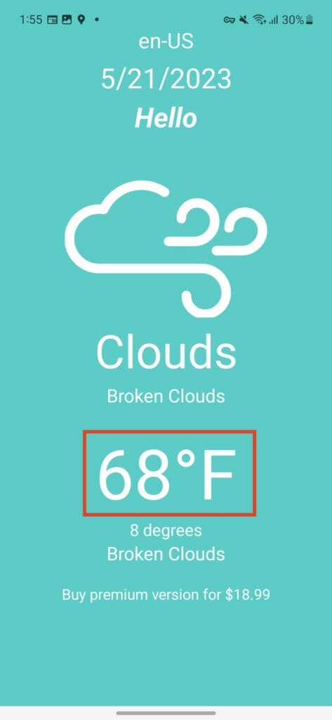 Temperature will be shown in degrees Fahrenheit (F) | Phrase