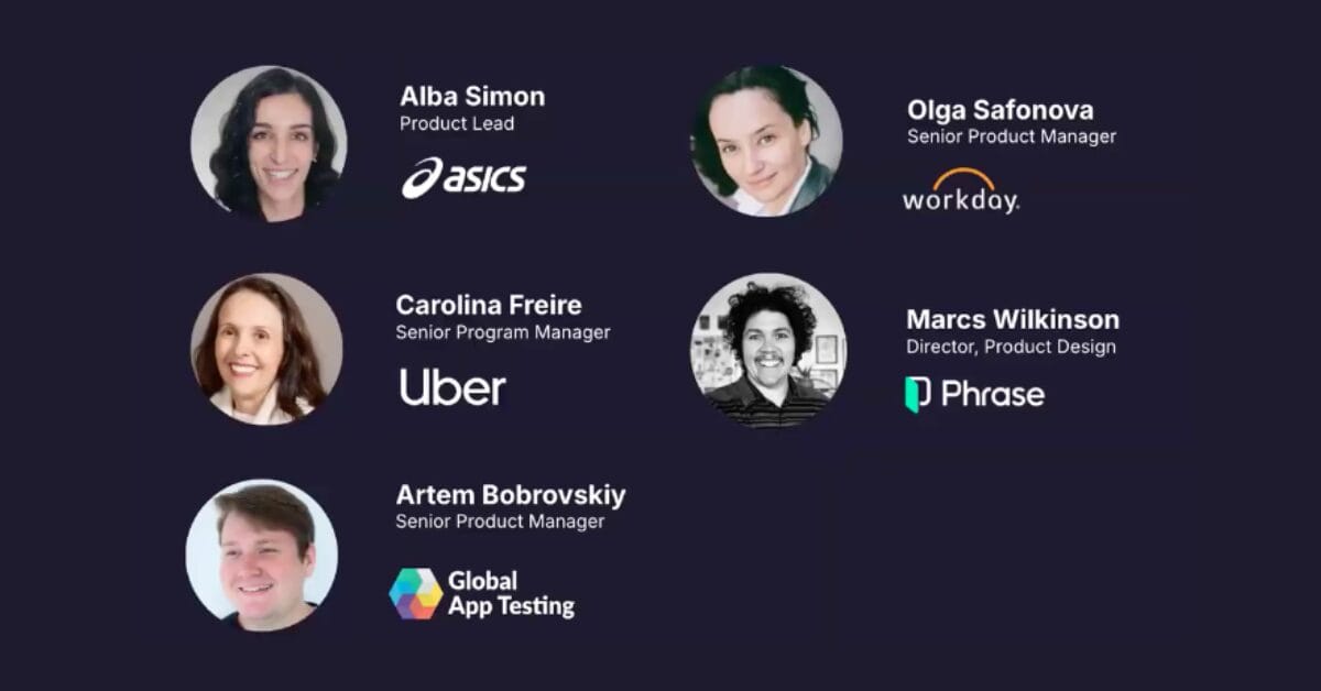 Panel of experts featuring Alba Simon from ASICS, Olga Safonova from Workday, Carolina Freire from Uber, and Marcs Wilkinson from Phrase, discussing global product design and localization strategies.