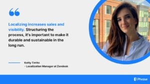 Ketty Tirrito, Localization Manager at Zendesk, is featured in a professional portrait with a quote on the strategic power of localization for long-term business growth. Ketty is smiling, with urban buildings in the background, emphasizing the importance of durable and sustainable localization processes.