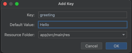 Dialog window for adding a new key with fields for key name, default value and resource folder | Phrase
