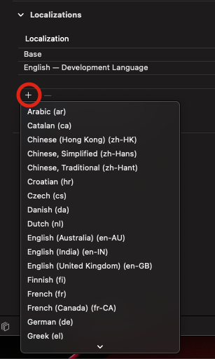 Screen for adding languages for localization | Phrase