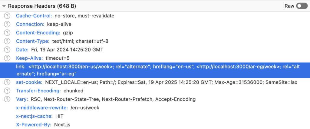 A screenshot of HTTP response headers, displaying various server responses such as 'Cache-Control', 'Content-Encoding', and 'Content-Type'. Notably, there's a 'link' header specifying alternate versions of the page for English US ('en-us') and Arabic Egypt ('ar-eg') locales. A 'set-cookie' header sets the 'NEXT_LOCALE' to 'en-us'. The response also includes 'X-Powered-By: Next.js' indicating the technology used.