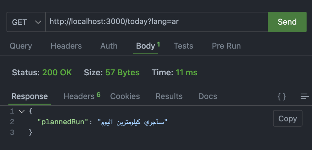 Our REST client making a GET request to the URL /today with a query parameter locale=ar. The response code is 200, and the response body contains { "plannedRun": "سأجري كيلومترين اليوم" }.