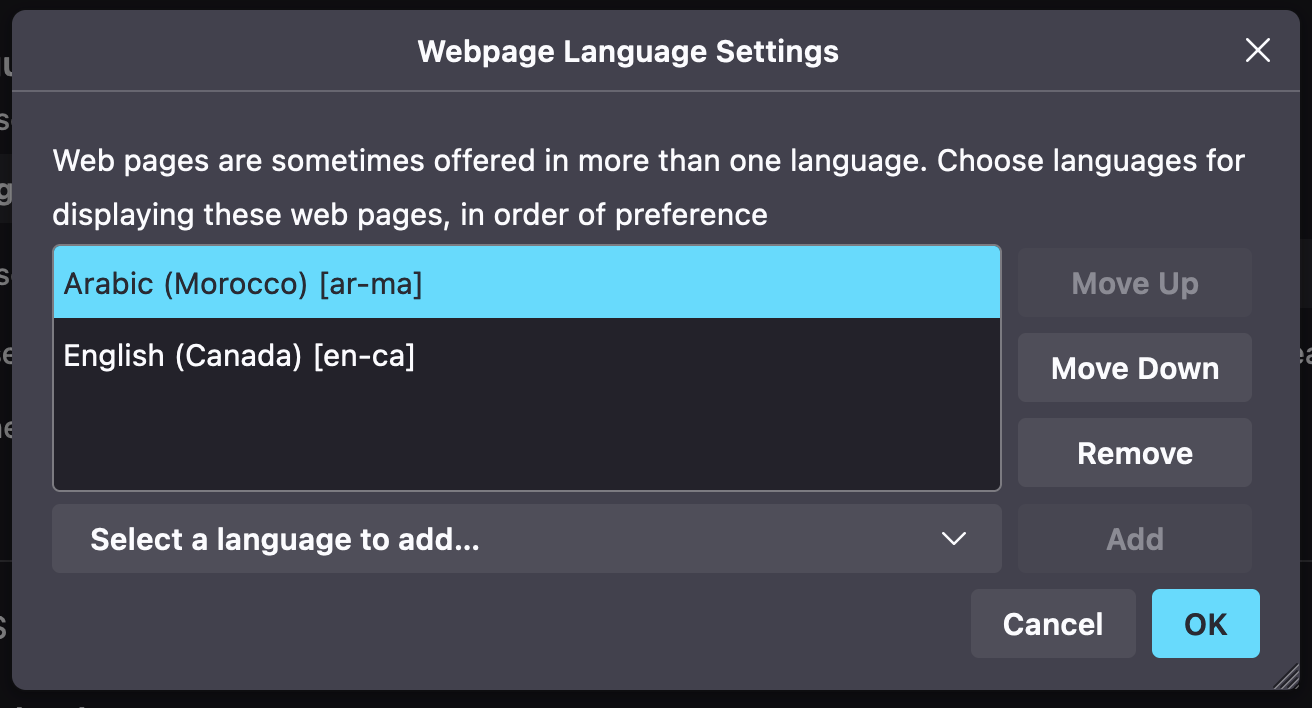 Language settings for Arabic (Morocco) in Firefox | Phrase