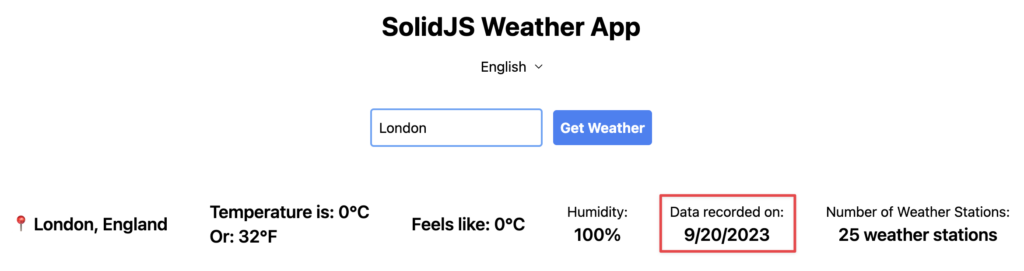 Weather app showing the localized date in en-US locale | Phrase