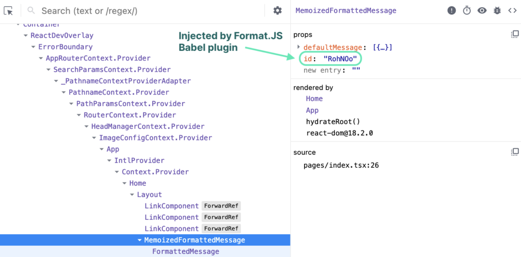 React dev tools browser extension shows an automatically injected ID | Phrase