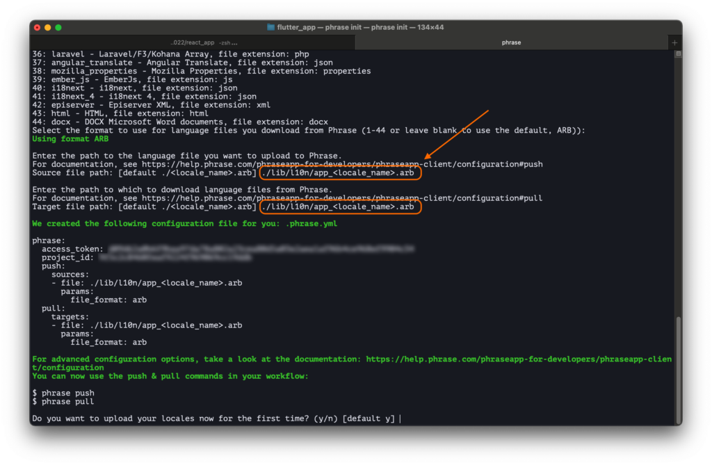 Entering the paths to our translation files to connect our app to the Phrase project | Phrase