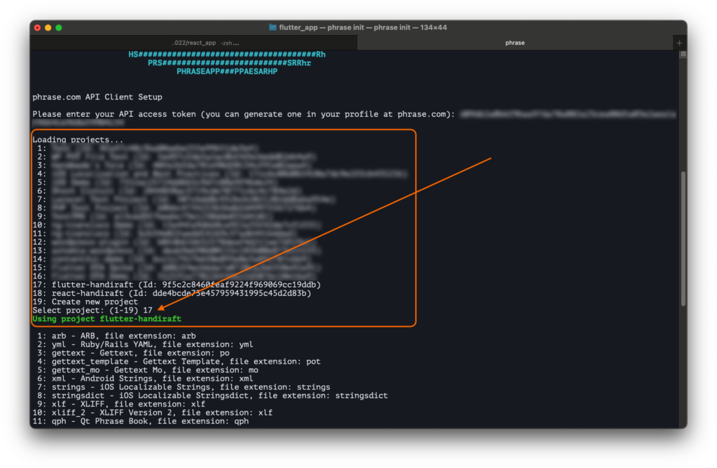 Entering project number to select it from the Phrase CLI | Phrase