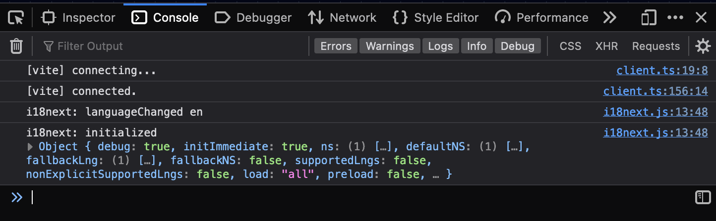 Browser dev tools console output showing that i18n is initializing.