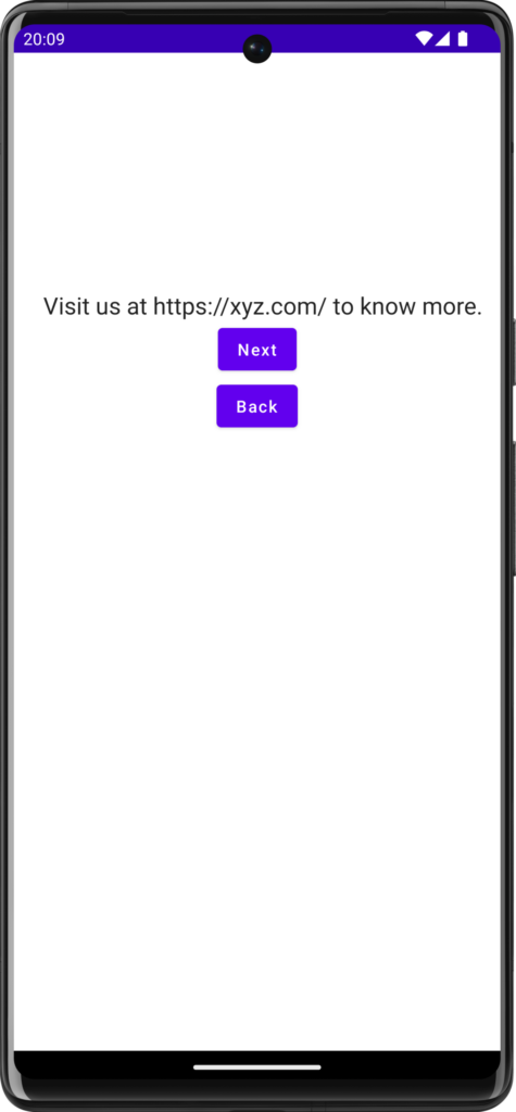 Screen of demo app saying "Visit us at xyz.com to learn more" as well as a Next and Back button | Phrase