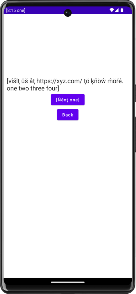 Demo app with accents added to all of the English text except the Back button | Phrase