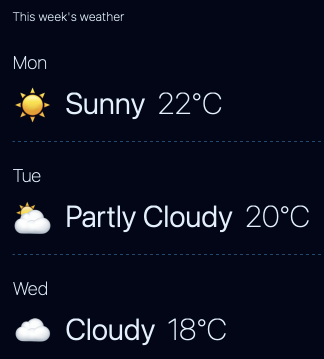 A screenshot of our /en-us/week page showing the first days of the week with their dates formatted as “Mon”, 
”Tue”, and “Wed”.