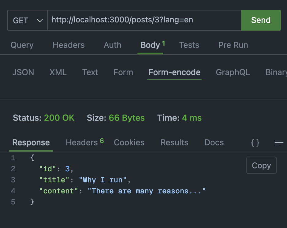 Our REST client making a GET request to the URL /posts/3 with the query parameter lang=en. The response code is 200, and the response body contains { "id": 3, "title": "Why I run", "content": "There are many reasons..."}.