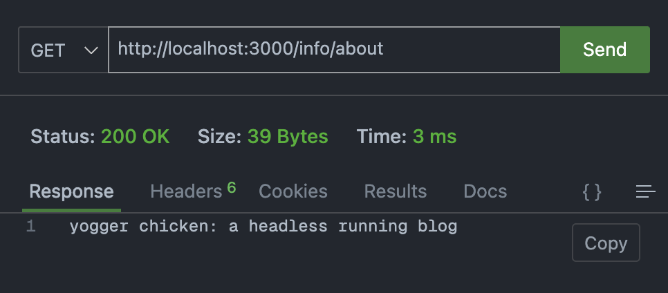 Our REST client making a GET request to the URL /info/about with no query parameters. The response code is 200, and the response body contains "yogger chicken: a headless running blog".