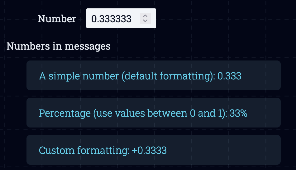 The number 0.333333 formatted in different ways, depending in the format specifier in the message.