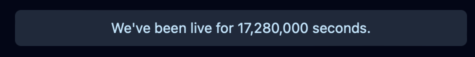 A screenshot of a portion of our English About page reading "We’ve been live for 17,280,000 seconds.” The number in the message is shown in Western Arabic numerals and a whole number (no fractional decimals).