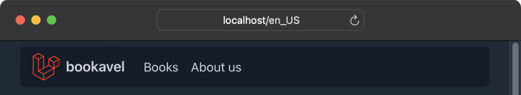 Our app's home page shown with English nav links; the browser's address bar reads "localhost/en_US"