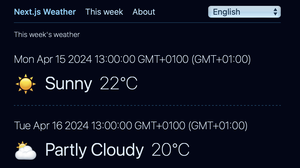 The English version weekly weather page, showing its title, “This week’s weather” and daily conditions “sunny, partly cloudy, etc.” in English.