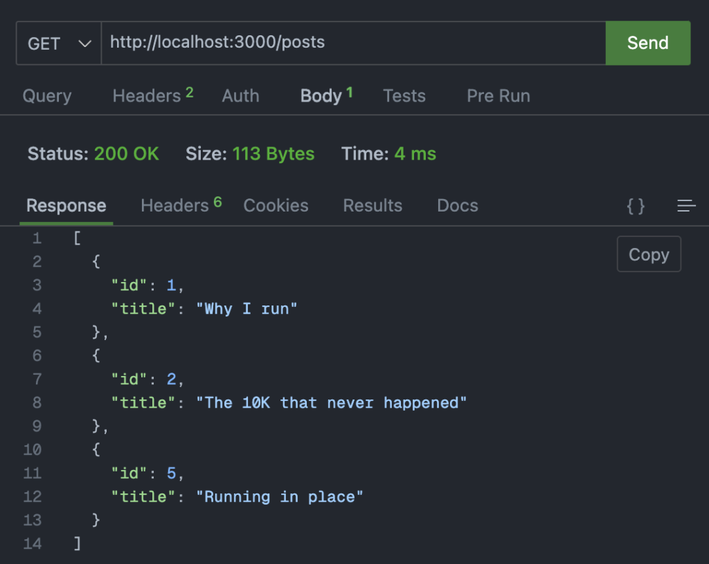 Our REST client making a GET request to the URL /posts with no query parameters. The response code is 200, and the response body contains a JSON object with a list of posts, displaying their ids and titles.