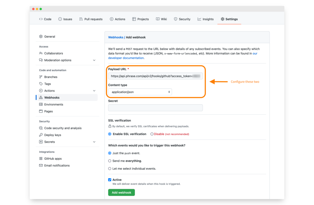 Adding webhook to GitHub repo | Phrase