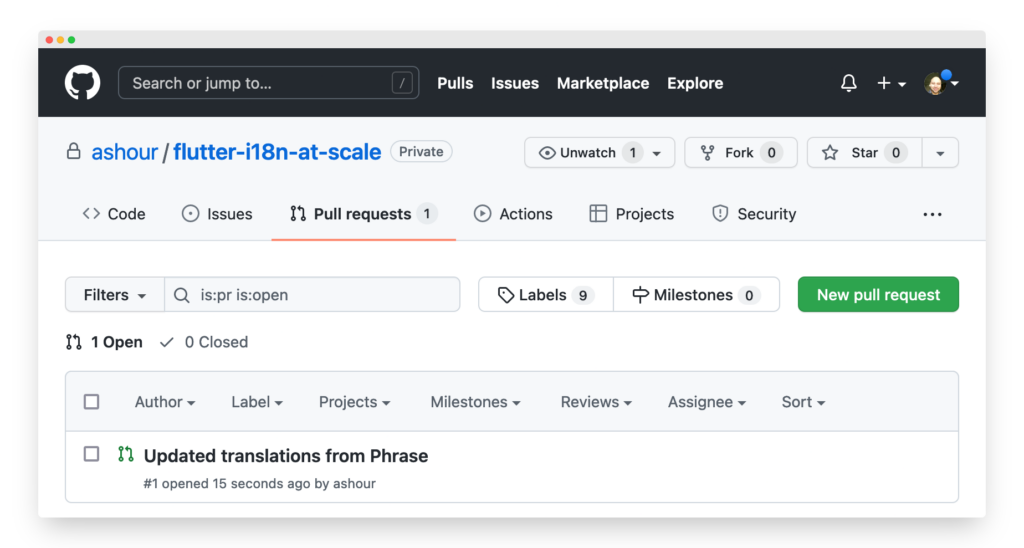 The new PR appearing in GitHub | Phrase