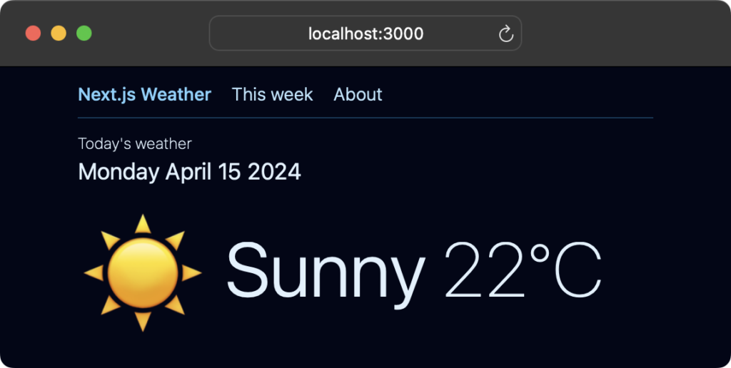 Our home page shown before localization, titled 'Next.js Weather'. The application displays today's weather as 'Sunny 22°C' for 'Monday April 15 2024'. The interface has a dark background with a sun icon and large white text presenting the temperature. At the top of the interface are navigation tabs labeled 'This week' and 'About'. The browser window shows 'localhost:3000' in the address bar.