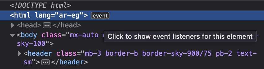 The browser dev tools inspector showing <html lang=”ar-eg”>.