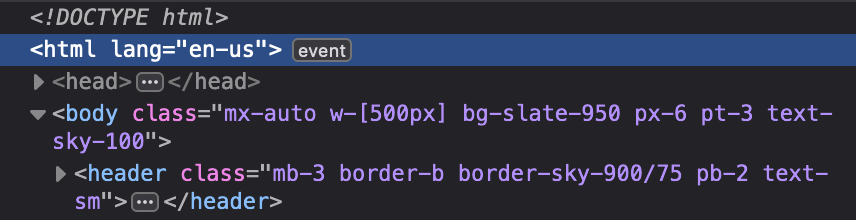 The browser dev tools inspector showing <html lang=”en-us”>.