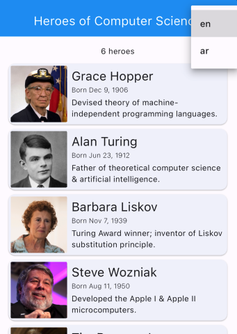 Demo app screen showing in-app languages | Phrase